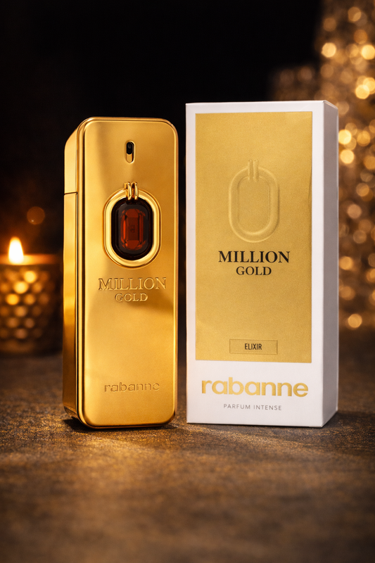 Gold perfume bottle and packaging of Rabanne Million Gold on a dark background