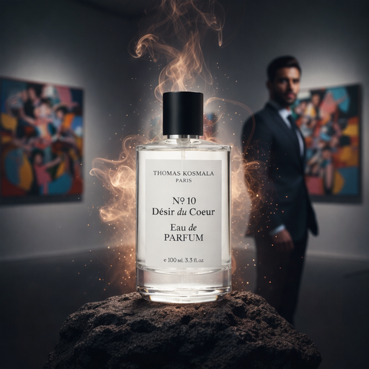 Perfume bottle labeled 'No. 10 Désir du Coeur' with a man in a suit in the background