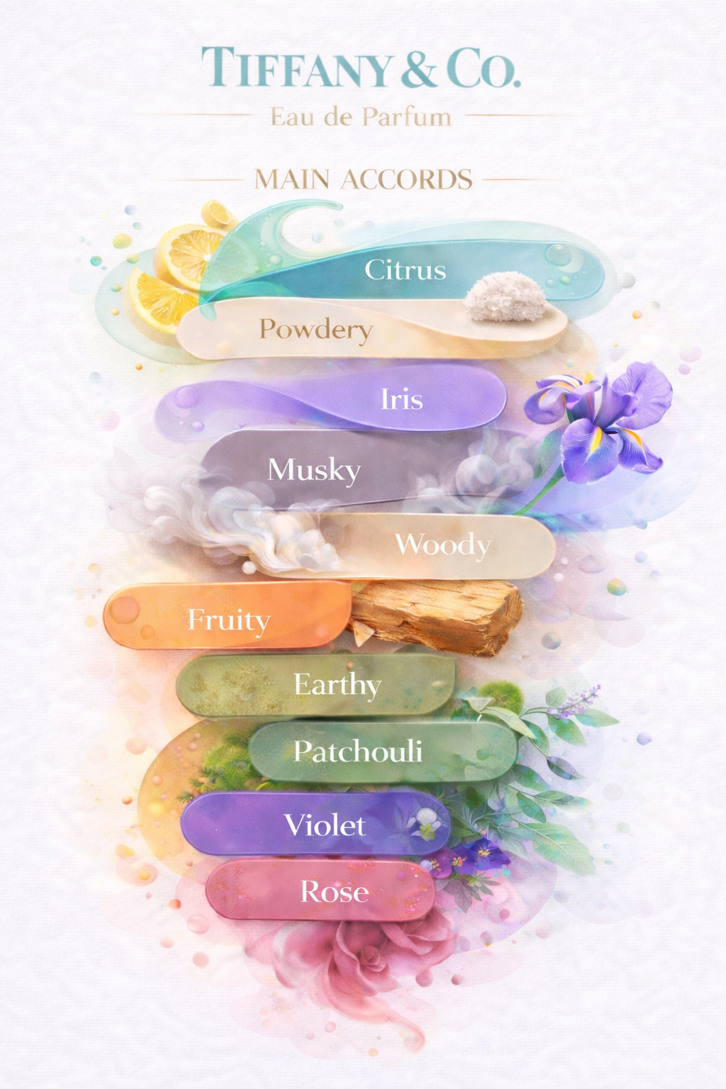 Tiffany & Co. perfume flavor profile with floral elements on a white background