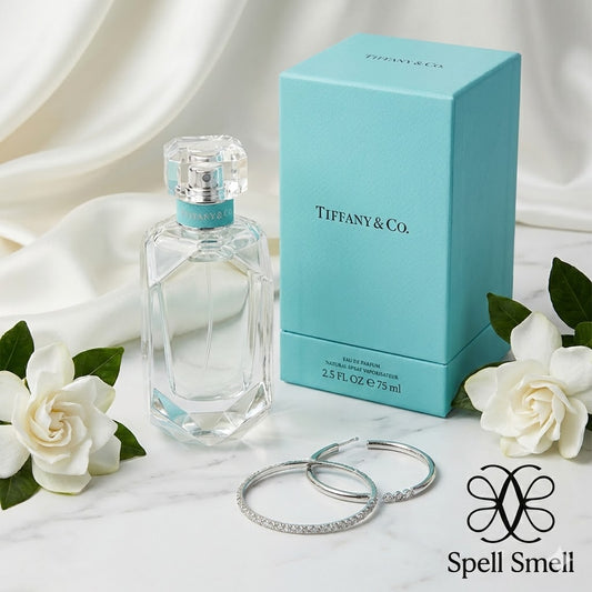 Tiffany & Co. perfume bottle and box with white flowers on a marble surface