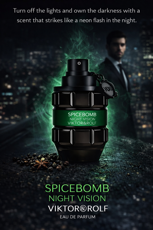 Spicebomb Night Vision perfume bottle with a dark cityscape background