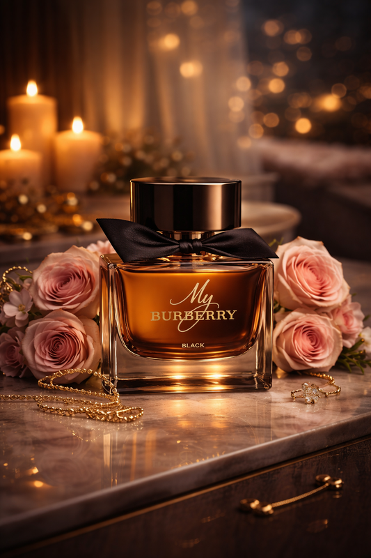 My Burberry perfume bottle with pink roses and candles in the background