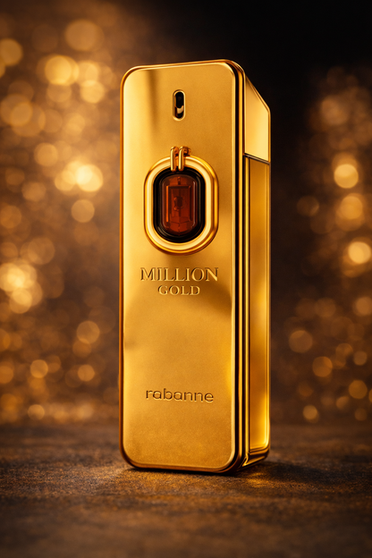 Gold perfume bottle with 'MILLION GOLD' and 'Rabanne' branding on a blurred golden background.