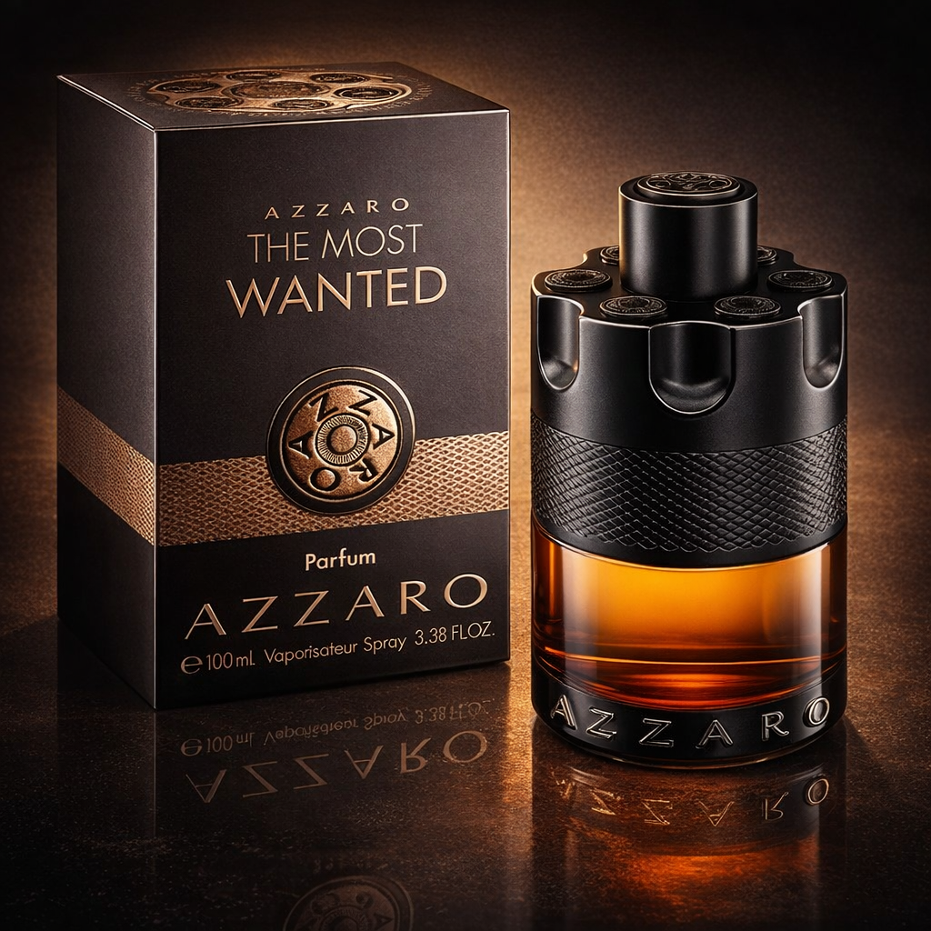 Azzaro The Most Wanted perfume bottle and packaging on a reflective surface with a dark background