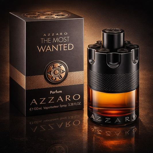 Azzaro The Most Wanted perfume bottle and packaging on a reflective surface with a dark background