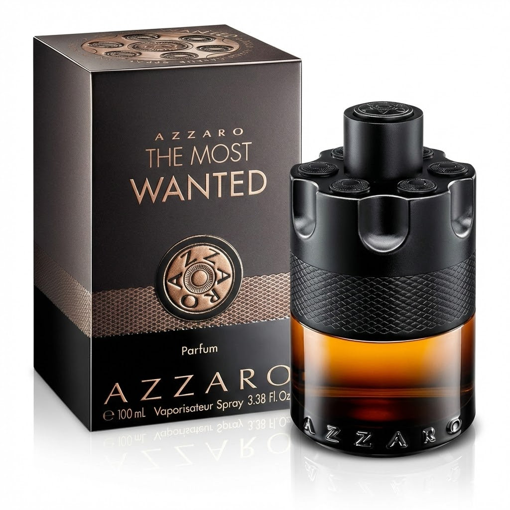Azzaro The Most Wanted perfume bottle and packaging on a white background