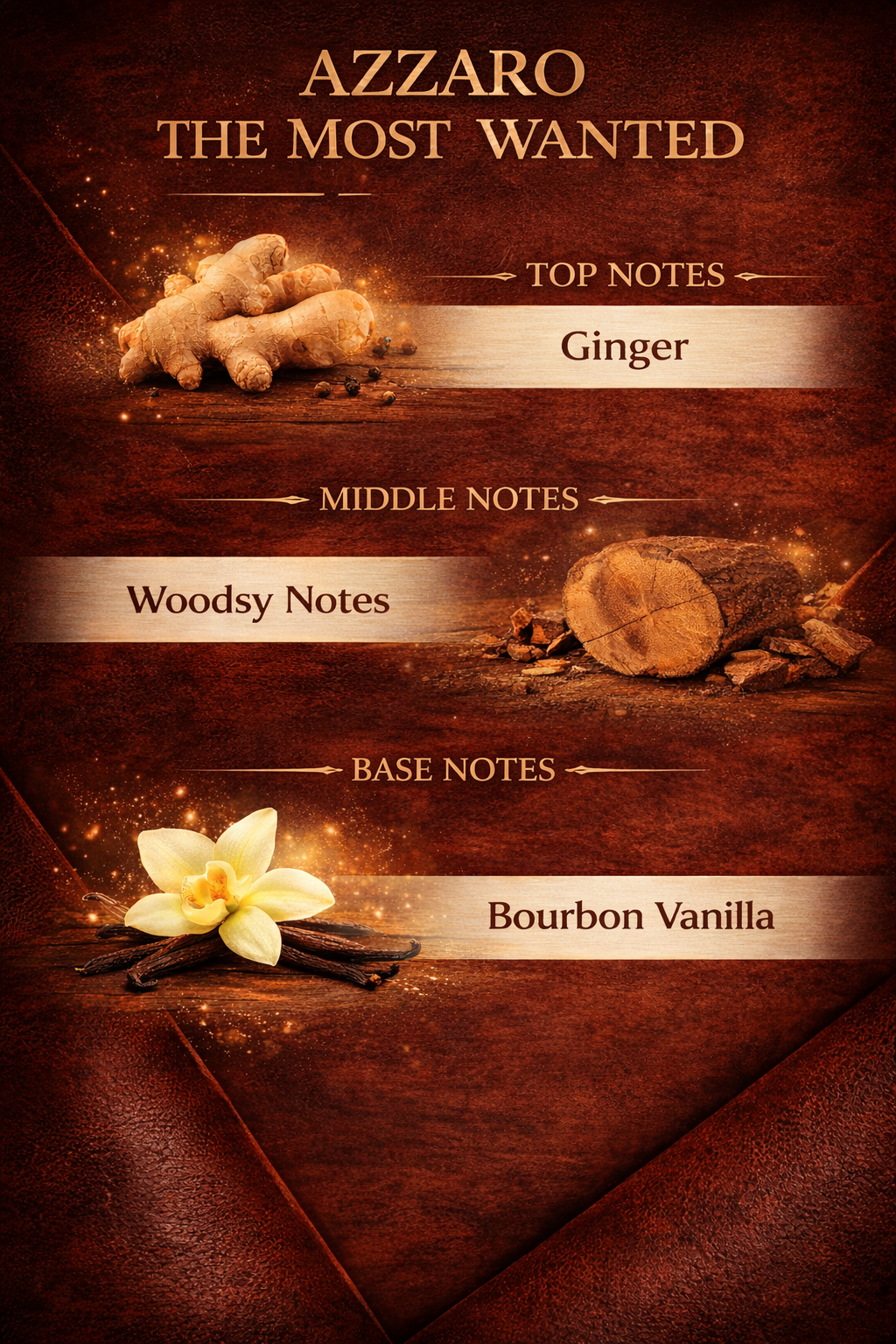 Azzaro fragrance description with top, middle, and base notes on a dark brown background.