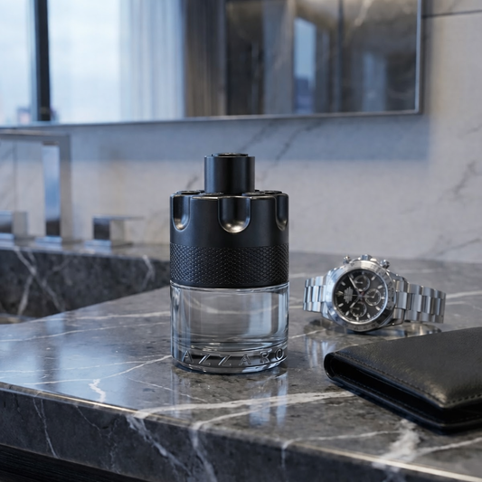 Black and clear perfume bottle with a silver watch and black wallet on a marble surface