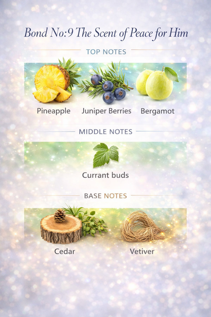 Bond No: 9 The Scent of Peace Perfume note chart with images of ingredients and text on a light background