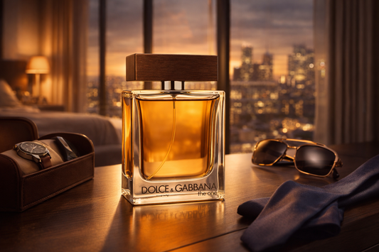 Dolce & Gabbana The One perfume bottle on a table with cityscape view