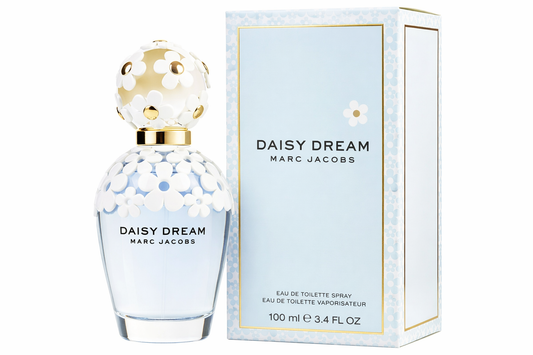 Marc Jacobs Daisy Dream perfume bottle and packaging on a white background