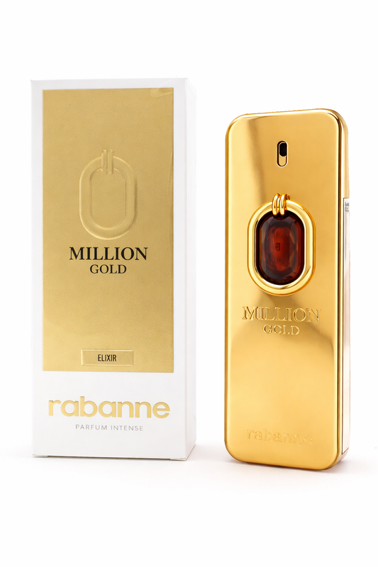 Rabanne Million Gold perfume bottle and packaging on a white background