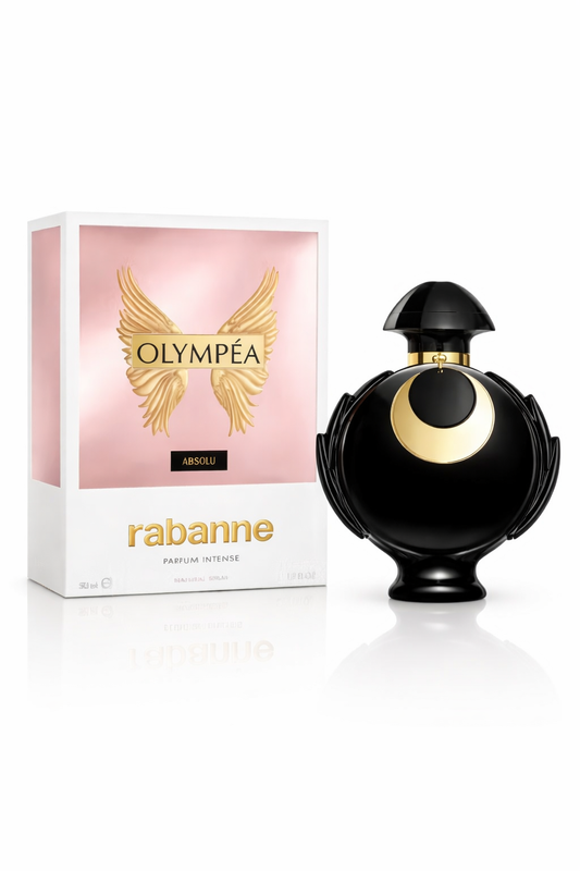 Rabanne Olympea perfume bottle and packaging on a white background