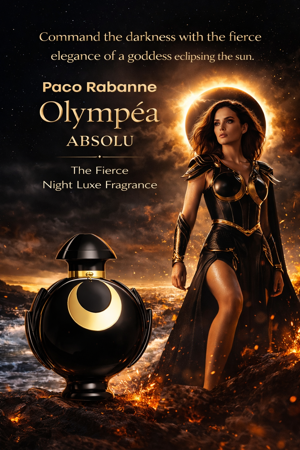 Paco Rabanne Olympéa Absolu advertisement with a woman in warrior attire and a large perfume bottle.