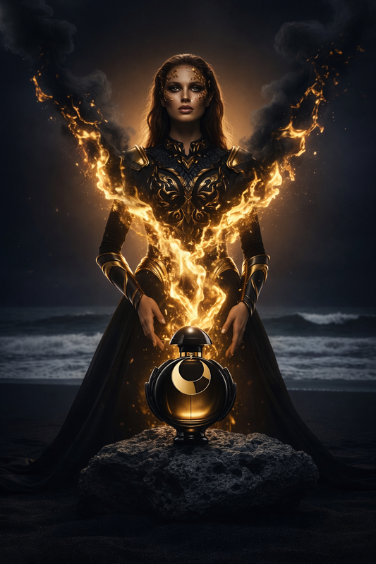 Paco Rabanne Olympea Absolu Woman in a dark outfit with glowing effects holding a lantern on a dark background