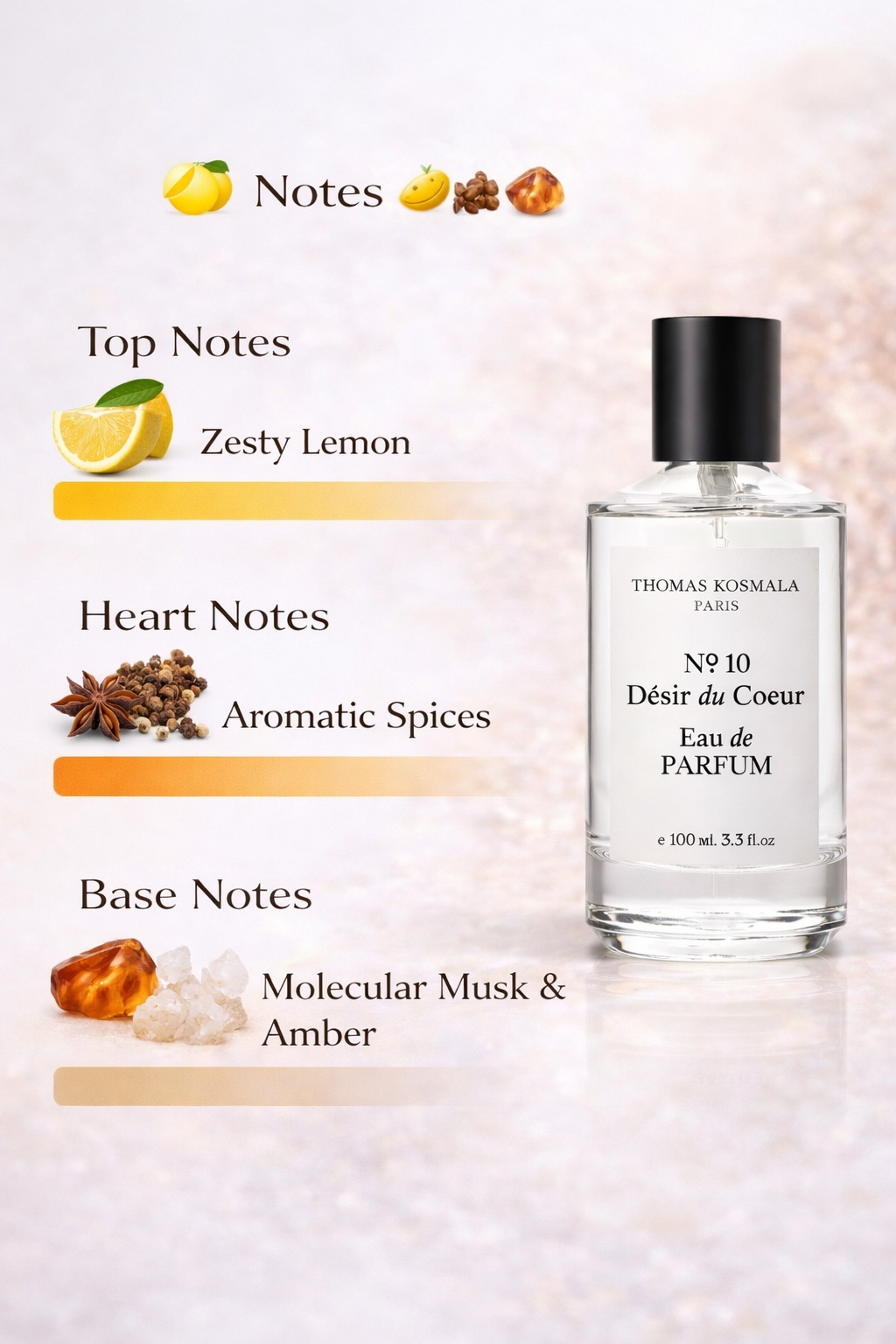 Thomas Kosmala 10 Perfume bottle with flavor notes on a light background