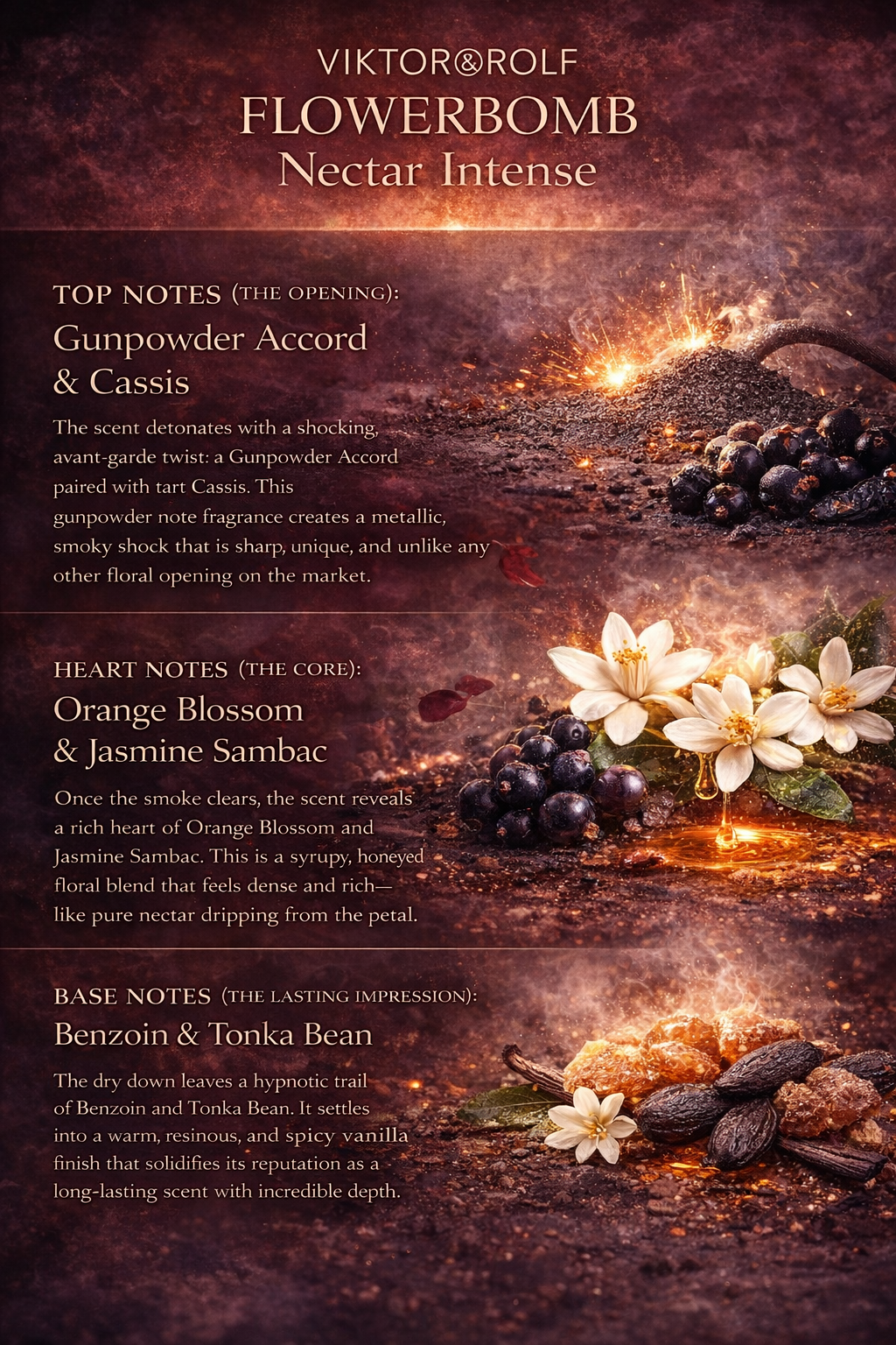 Viktor & Rolf Flowerbomb Nectar Intense advertisement with floral elements and text on a dark background.