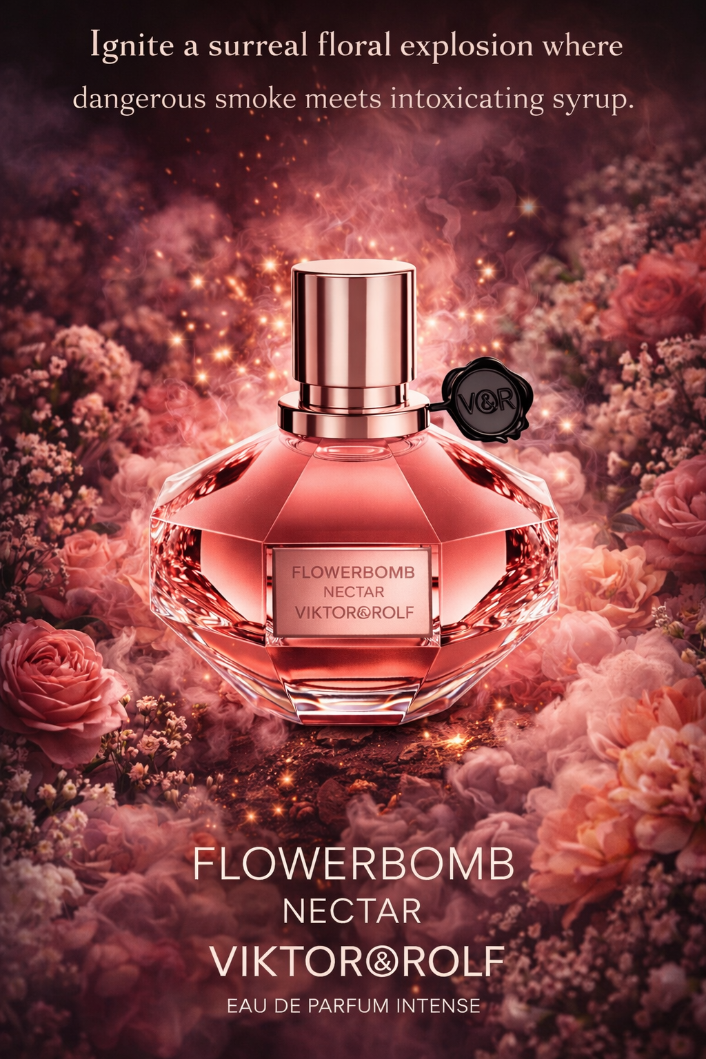 Viktor & Rolf Flowerbomb Nectar perfume bottle surrounded by flowers on a dark background