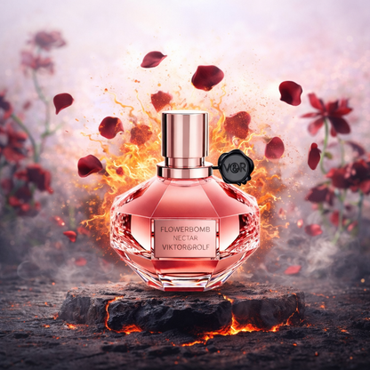 Pink perfume bottle with floral elements on a fiery background