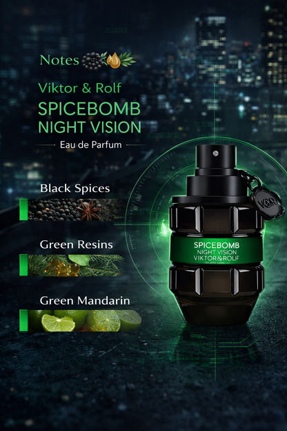 Viktor & Rolf Spicebomb Night Vision perfume bottle with notes on a dark cityscape background
