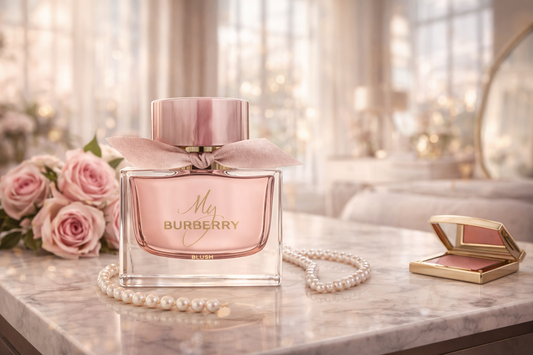 Burberry perfume bottle with pink packaging on a marble surface with flowers and jewelry.